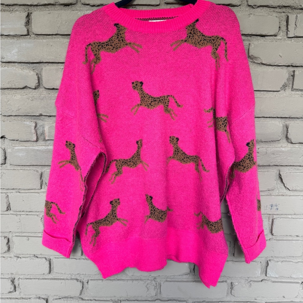 Easel Vibrant Pink Sweater with Leopard Design